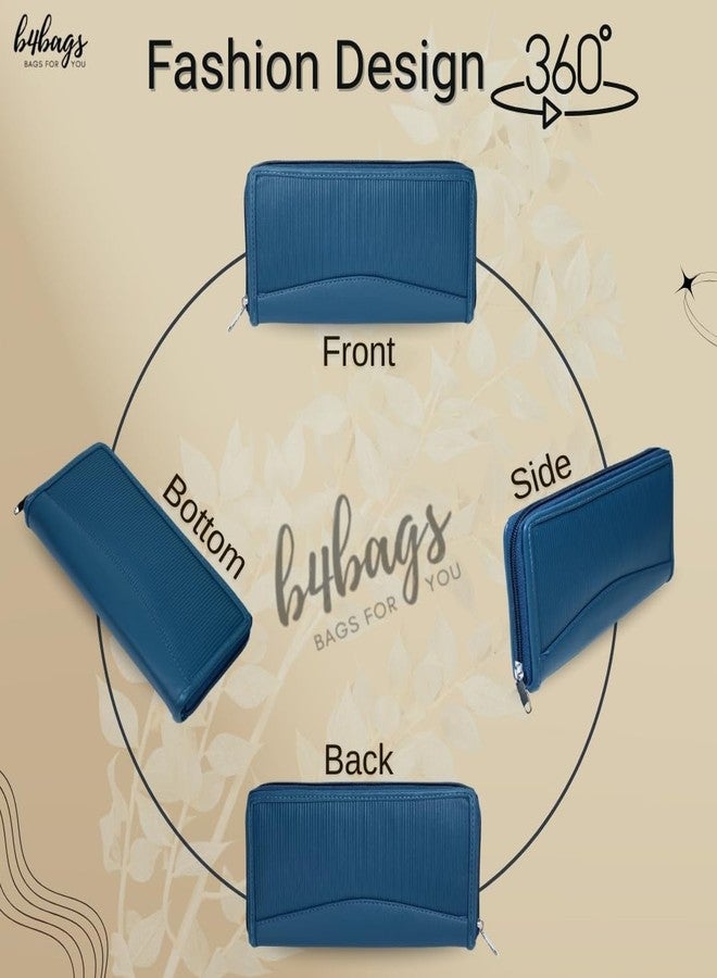 b4bags محفظة نسائية من b4bags | حقيبة يد أنيقة من الجلد الصناعي للسيدات | محفظة طويلة أنيقة بسحاب دائري مع فتحات متعددة للبطاقات وجيب للعملات المعدنية (أزرق) - Image 5