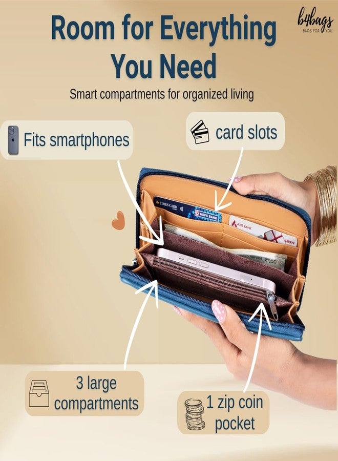 b4bags محفظة نسائية من b4bags | حقيبة يد أنيقة من الجلد الصناعي للسيدات | محفظة طويلة أنيقة بسحاب دائري مع فتحات متعددة للبطاقات وجيب للعملات المعدنية (أزرق) - Image 4