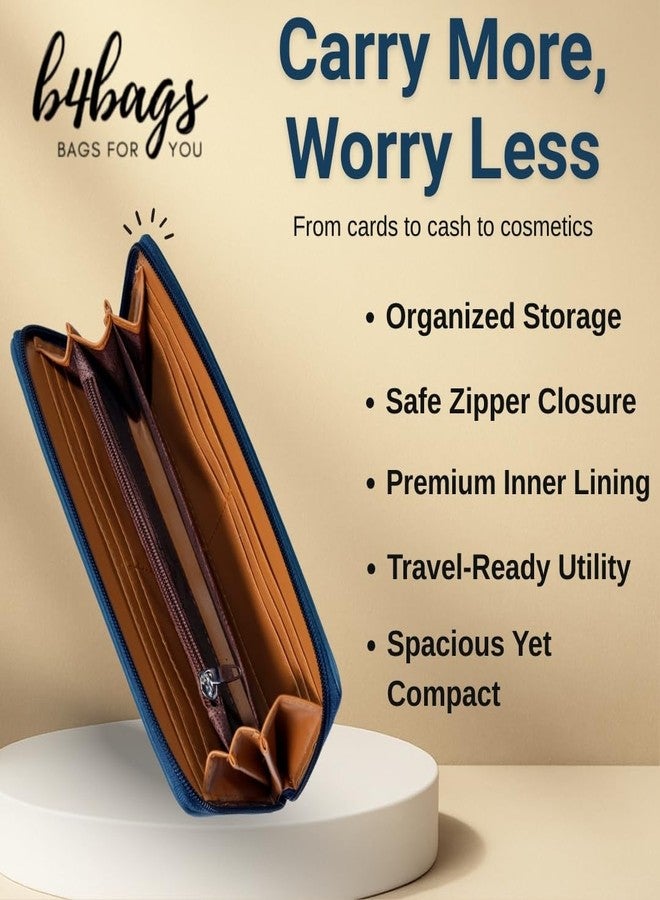 b4bags محفظة نسائية من b4bags | حقيبة يد أنيقة من الجلد الصناعي للسيدات | محفظة طويلة أنيقة بسحاب دائري مع فتحات متعددة للبطاقات وجيب للعملات المعدنية (أزرق) - Image 3