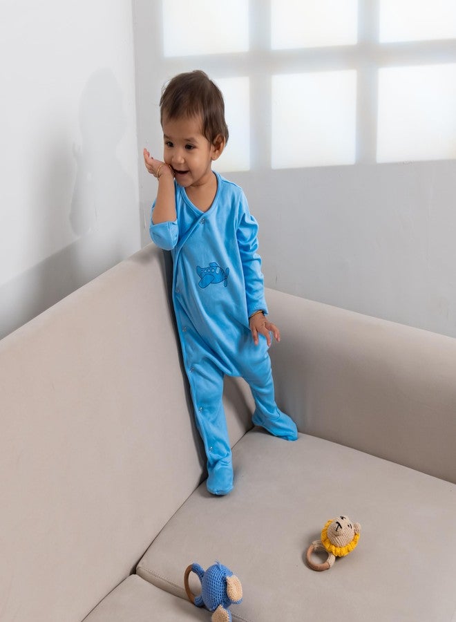 FawnFeel Combination of 2 Rompers New Born Baby Premium Cotton Fabric (Blue Strip & Aeroplane Print, 9-12 MONTHS) - Image 2