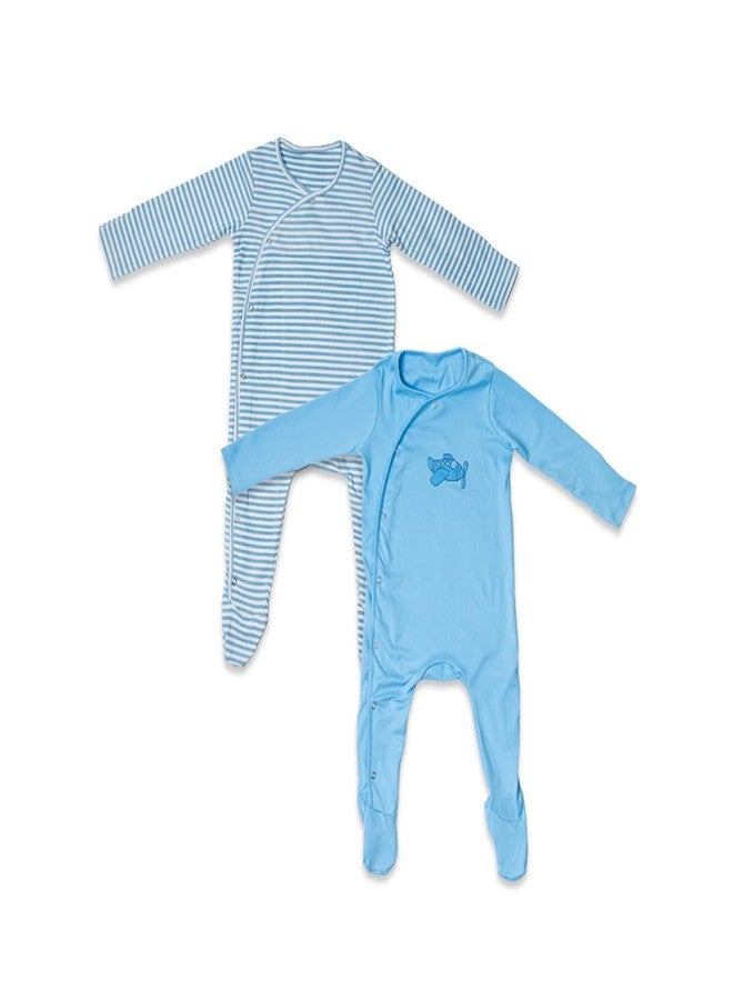FawnFeel Combination of 2 Rompers New Born Baby Premium Cotton Fabric (Blue Strip & Aeroplane Print, 9-12 MONTHS) - Image 1