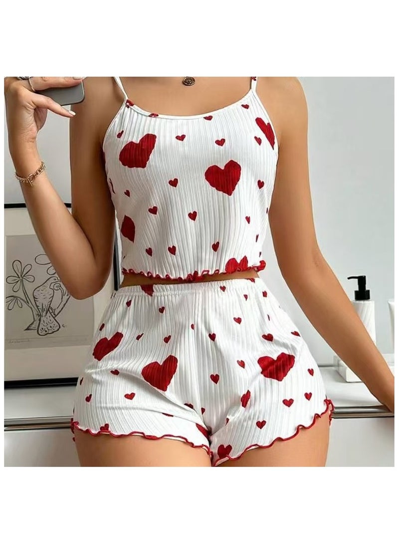 Womens 2 Piece Heart Print Pajama Set Ribbed Crop Top with Backless Design Stretch Shorts Women Nightwear And Loungewear - Image 1