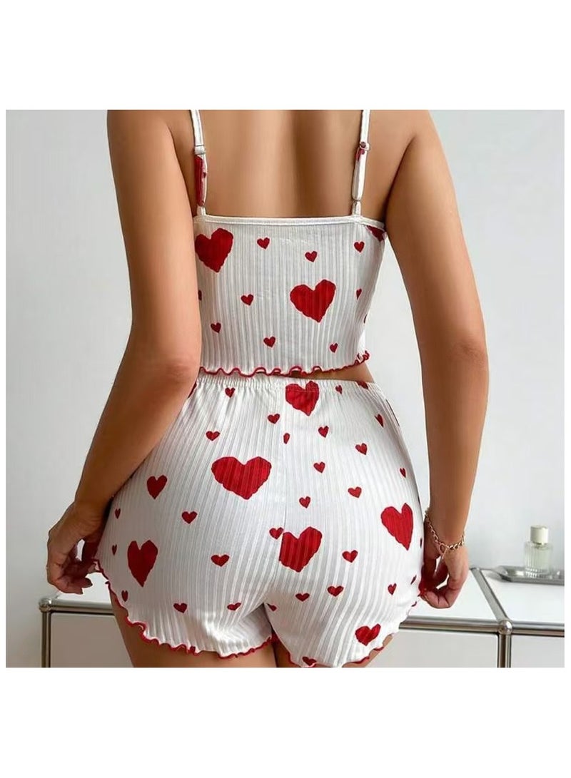 Womens 2 Piece Heart Print Pajama Set Ribbed Crop Top with Backless Design Stretch Shorts Women Nightwear And Loungewear - Image 2