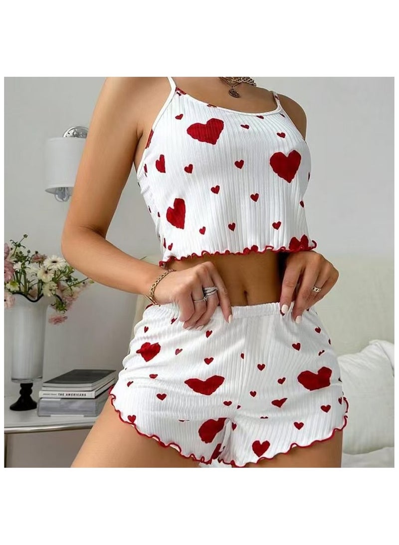 Womens 2 Piece Heart Print Pajama Set Ribbed Crop Top with Backless Design Stretch Shorts Women Nightwear And Loungewear - Image 3