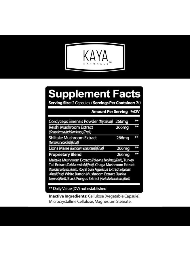 Kaya Naturals - Kaya Naturals Premium Mushroom Complex Potent | Organic Supplement| Mushroom Complex Capsules 1330mg Per Serving - Aids Mental Clarity Supports Immune System, Wellness & Vitality | 60 Count - Image 1