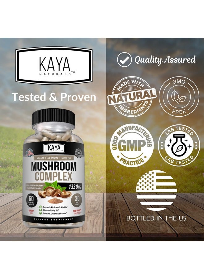 Kaya Naturals - Kaya Naturals Premium Mushroom Complex Potent | Organic Supplement| Mushroom Complex Capsules 1330mg Per Serving - Aids Mental Clarity Supports Immune System, Wellness & Vitality | 60 Count - Image 1