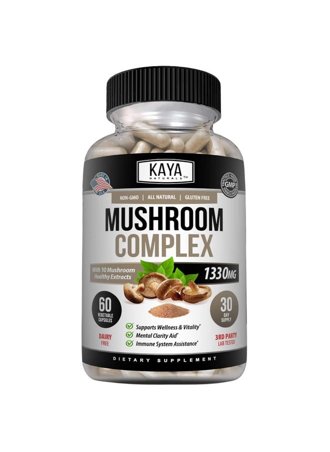 Kaya Naturals - Kaya Naturals Premium Mushroom Complex Potent | Organic Supplement| Mushroom Complex Capsules 1330mg Per Serving - Aids Mental Clarity Supports Immune System, Wellness & Vitality | 60 Count - Image 1