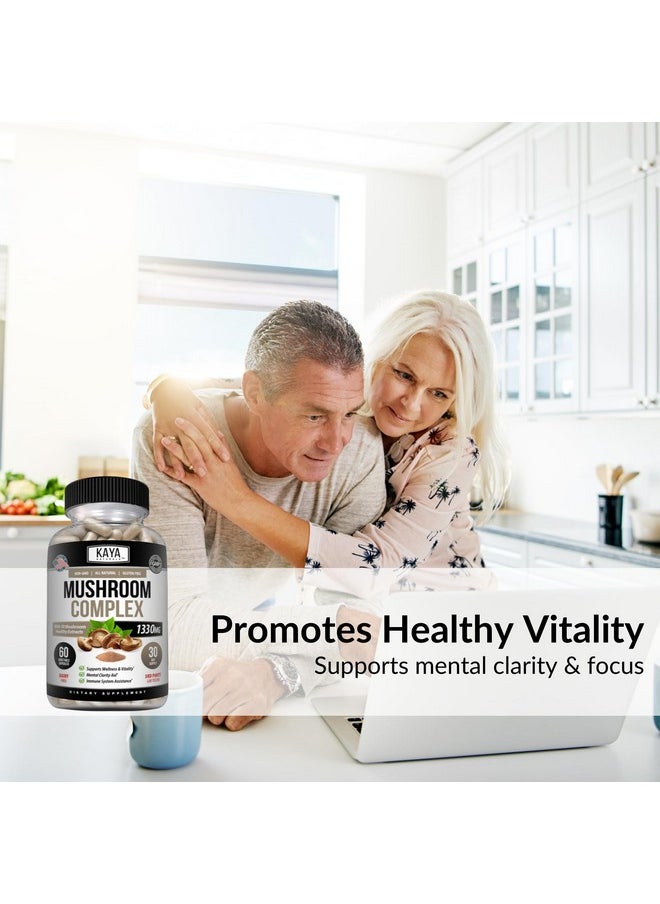 Kaya Naturals - Kaya Naturals Premium Mushroom Complex Potent | Organic Supplement| Mushroom Complex Capsules 1330mg Per Serving - Aids Mental Clarity Supports Immune System, Wellness & Vitality | 60 Count - Image 1