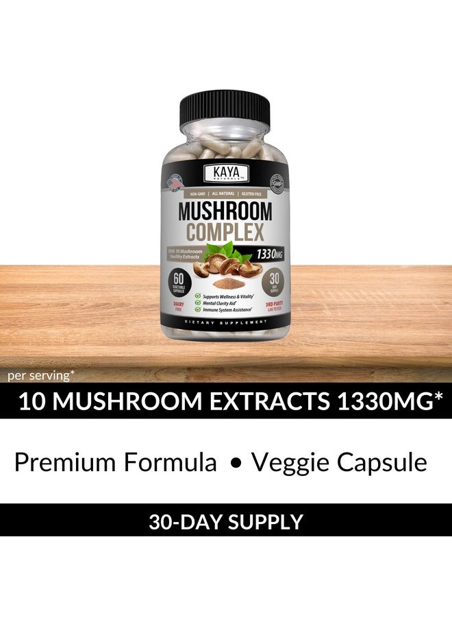 Kaya Naturals - Kaya Naturals Premium Mushroom Complex Potent | Organic Supplement| Mushroom Complex Capsules 1330mg Per Serving - Aids Mental Clarity Supports Immune System, Wellness & Vitality | 60 Count - Image 1