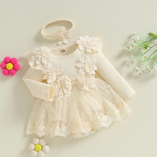 ZAXARRA Infant Baby Girl Romper Dress Baby Dress Romper Flowers Lace Fall Winter Clothes with Headband (Khaki, 3-6 Months) - Image 3