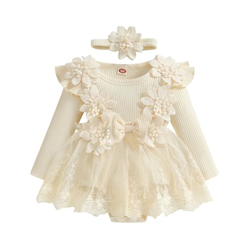 ZAXARRA Infant Baby Girl Romper Dress Baby Dress Romper Flowers Lace Fall Winter Clothes with Headband (Khaki, 3-6 Months) - Image 1