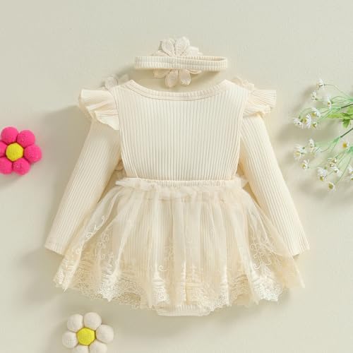 ZAXARRA Infant Baby Girl Romper Dress Baby Dress Romper Flowers Lace Fall Winter Clothes with Headband (Khaki, 3-6 Months) - Image 4