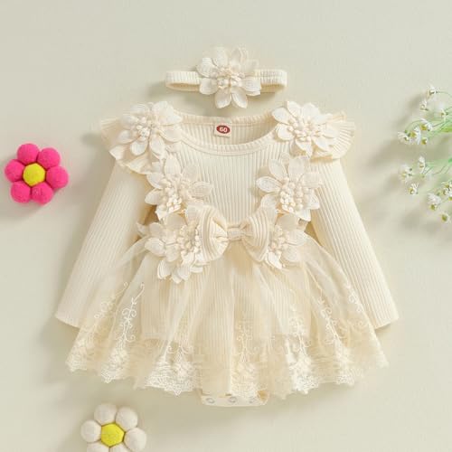 ZAXARRA Infant Baby Girl Romper Dress Baby Dress Romper Flowers Lace Fall Winter Clothes with Headband (Khaki, 3-6 Months) - Image 2