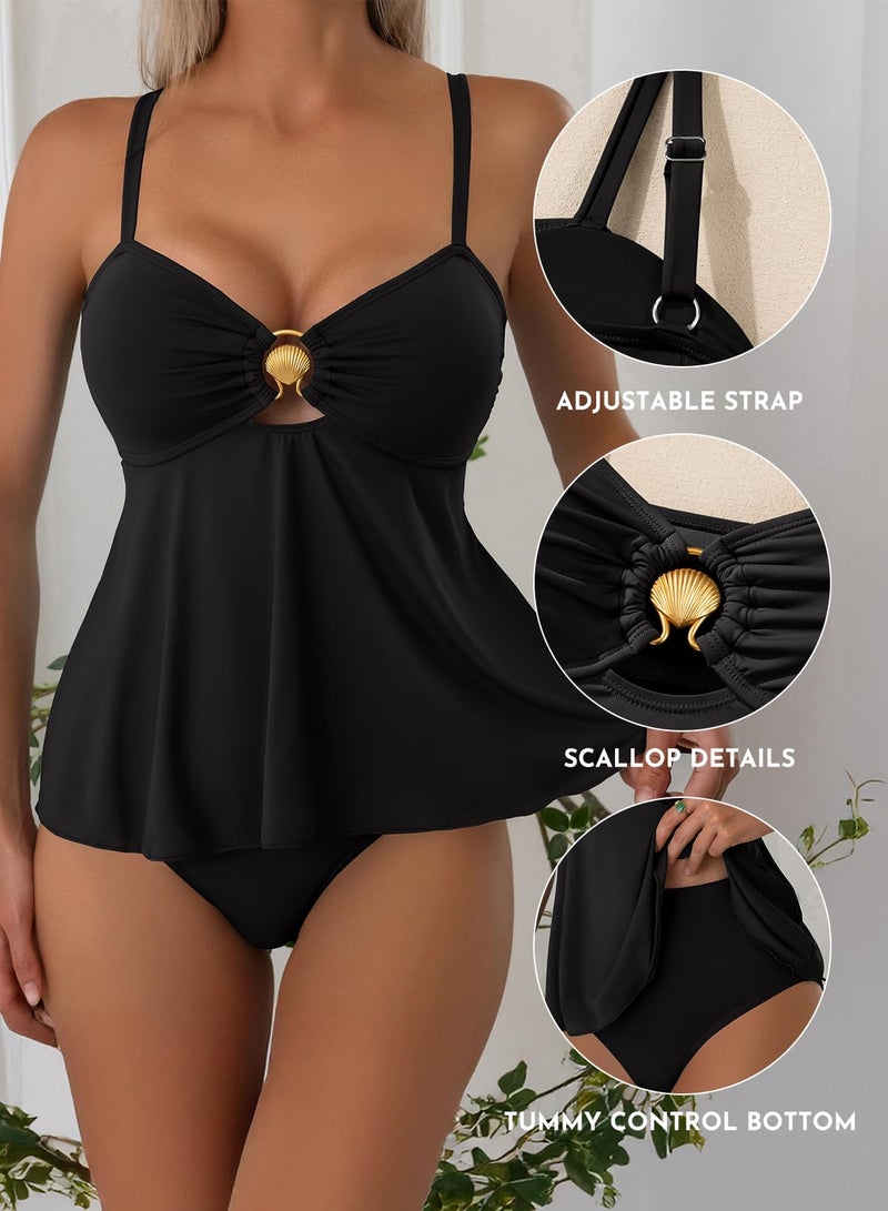 Aleumdr Women's Tankini Bathing Suits Bandeau 2 Piece Swimsuits Shell Swim Tank Top with High Waisted Bottom Black Medium - Image 5