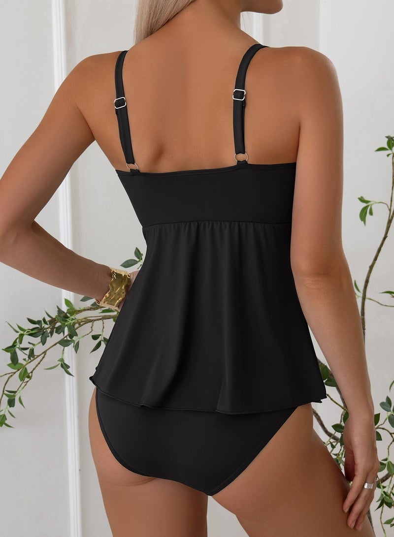 Aleumdr Women's Tankini Bathing Suits Bandeau 2 Piece Swimsuits Shell Swim Tank Top with High Waisted Bottom Black Medium - Image 3