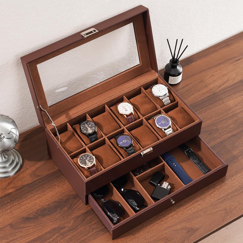 ProCase Watch Box, 12 Slot Mens Watch Case With Drawer, 2-Layer Watch Display Case With Glass Lid, Mens Jewelry Box Storage Holder Organizer, Birthday Valentine Gifts for Men -12Slot, Espresso - Image 3