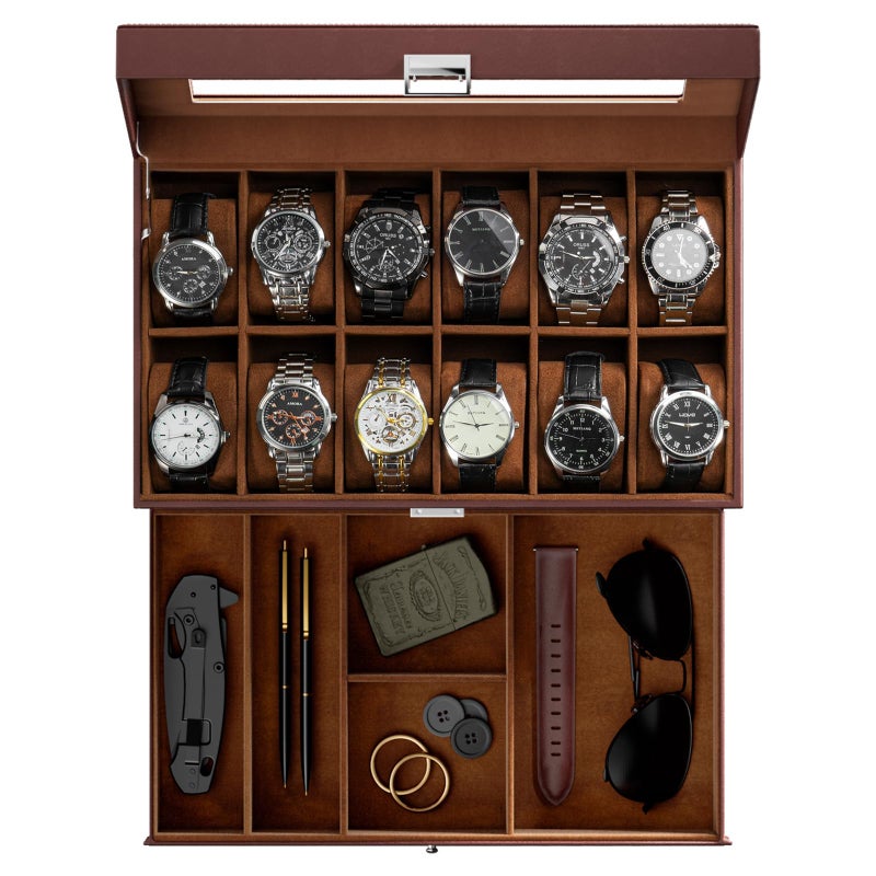 ProCase Watch Box, 12 Slot Mens Watch Case With Drawer, 2-Layer Watch Display Case With Glass Lid, Mens Jewelry Box Storage Holder Organizer, Birthday Valentine Gifts for Men -12Slot, Espresso - Image 1