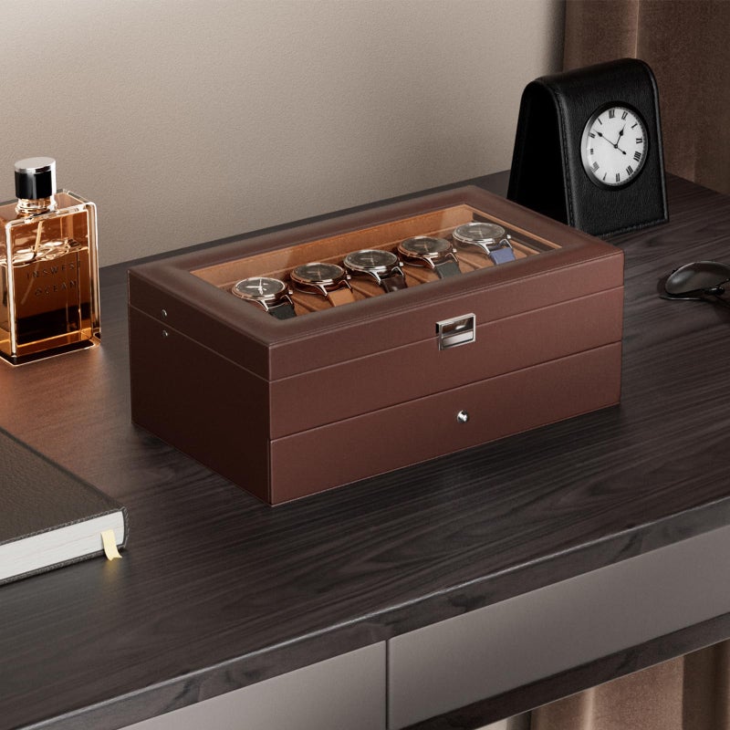 ProCase Watch Box, 12 Slot Mens Watch Case With Drawer, 2-Layer Watch Display Case With Glass Lid, Mens Jewelry Box Storage Holder Organizer, Birthday Valentine Gifts for Men -12Slot, Espresso - Image 2