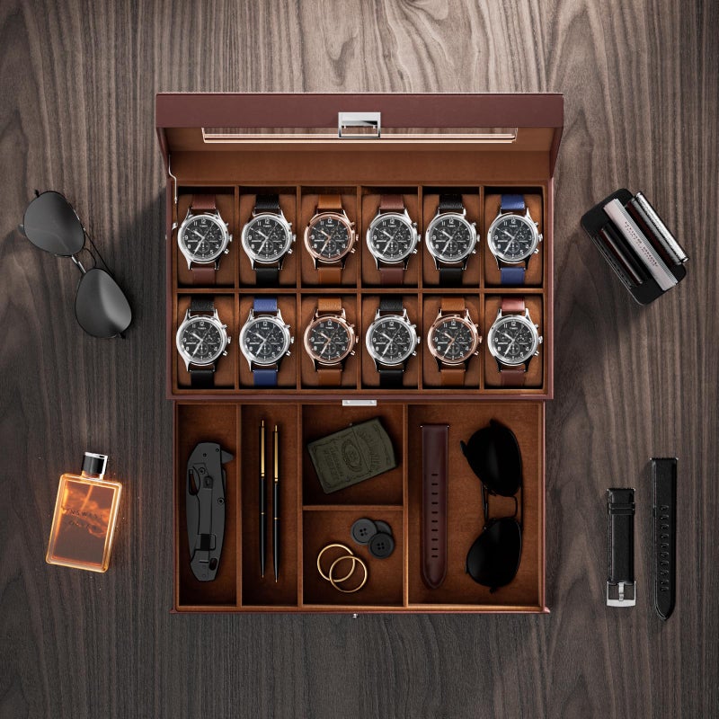 ProCase Watch Box, 12 Slot Mens Watch Case With Drawer, 2-Layer Watch Display Case With Glass Lid, Mens Jewelry Box Storage Holder Organizer, Birthday Valentine Gifts for Men -12Slot, Espresso - Image 4