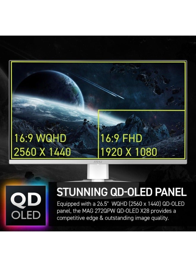 MSI MAG 272QPW QD-OLED X28 27-inch 2560 x 1440 (QHD) Gaming Monitor, 280Hz, Adaptive-Synch, HDR Ready, HDMI, VGA Port,VESA Mountable, Tilt, 4-Side Slim Bezel, 0.03ms, White - Image 2