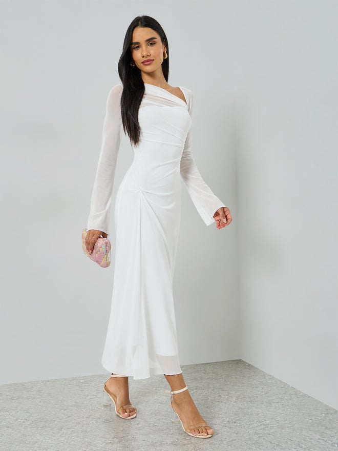 Styli White Asymmetric Neck Long Sleeve Maxi Dress - Image 3