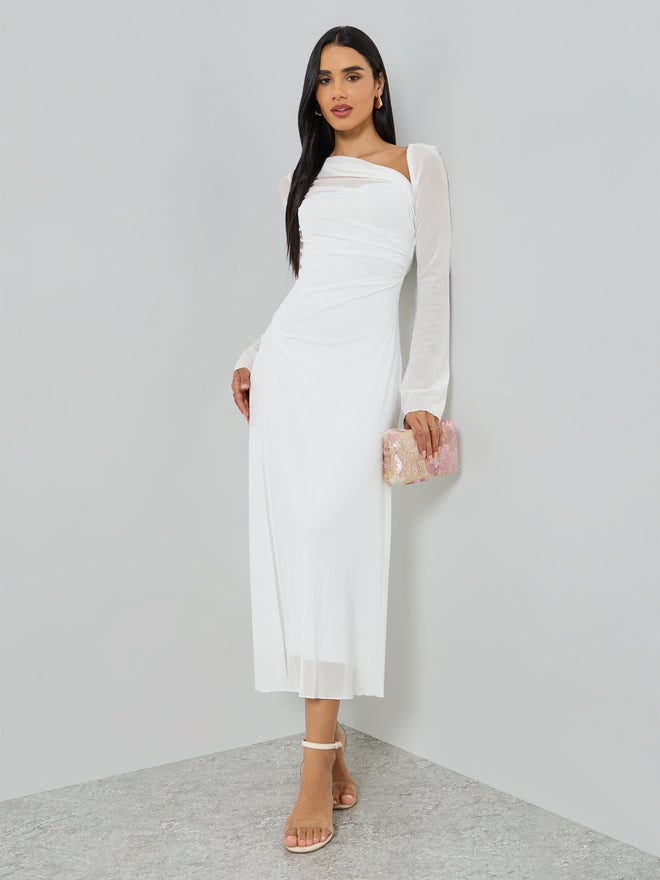 Styli White Asymmetric Neck Long Sleeve Maxi Dress - Image 1