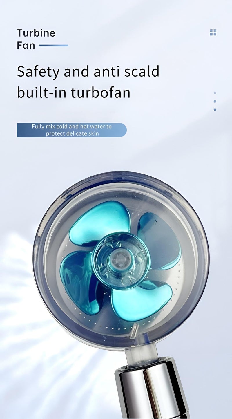 Turbo Shower Head - Features integrated turbine for enhanced pressure, 6 customizable spray settings, full 360° rotation, eco-friendly water conservation, polished chrome surface. - Image 2