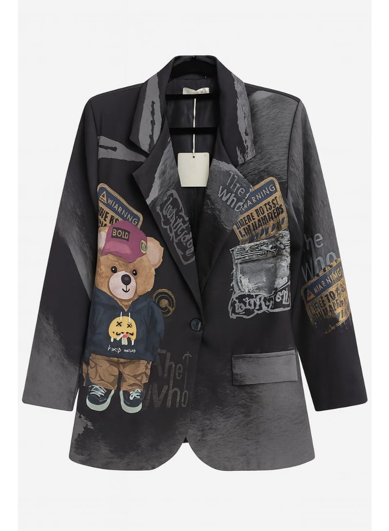 CHEVALIER FASHION Women’s Grey Blazer with Teddy Print - Image 3