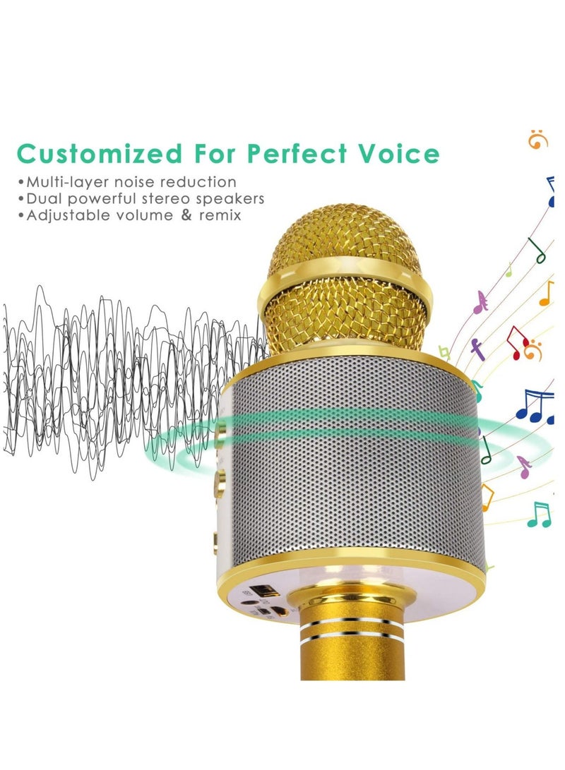 Wireless Bluetooth Karaoke Microphone for Kids, 5-in-1 Portable Handheld Karaoke Mic Speaker Player Recorder with Adjustable Remix FM Radio for Kids Girls Boys Teens Birthday (858-Gold) - Image 4