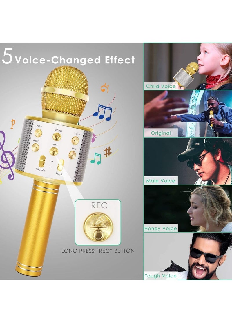 Wireless Bluetooth Karaoke Microphone for Kids, 5-in-1 Portable Handheld Karaoke Mic Speaker Player Recorder with Adjustable Remix FM Radio for Kids Girls Boys Teens Birthday (858-Gold) - Image 2