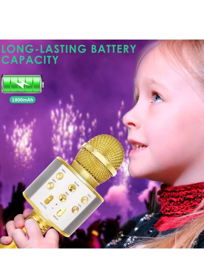Wireless Bluetooth Karaoke Microphone for Kids, 5-in-1 Portable Handheld Karaoke Mic Speaker Player Recorder with Adjustable Remix FM Radio for Kids Girls Boys Teens Birthday (858-Gold) - Image 3