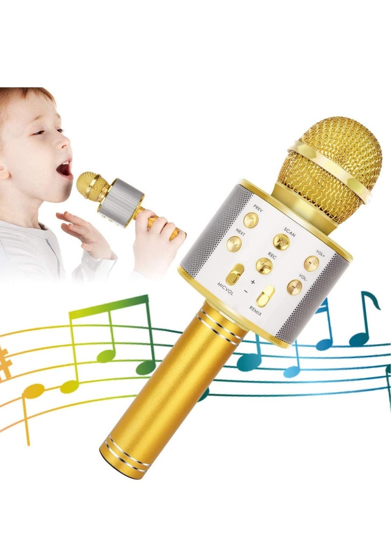 Wireless Bluetooth Karaoke Microphone for Kids, 5-in-1 Portable Handheld Karaoke Mic Speaker Player Recorder with Adjustable Remix FM Radio for Kids Girls Boys Teens Birthday (858-Gold) - Image 1