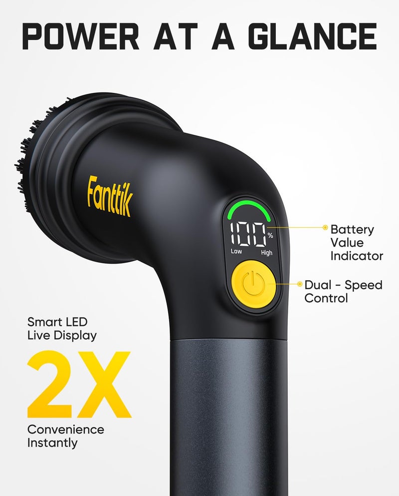 Fanttik G9 Handy Cordless Electric Spin Scrubber, MagnaStorm Motor, Dual-Speed, 5 Brush Heads, LED Display, IPX7 Waterproof, 2500mAh with Type-C Charging, for Kitchen, Sink, Tile, Stove - Image 5