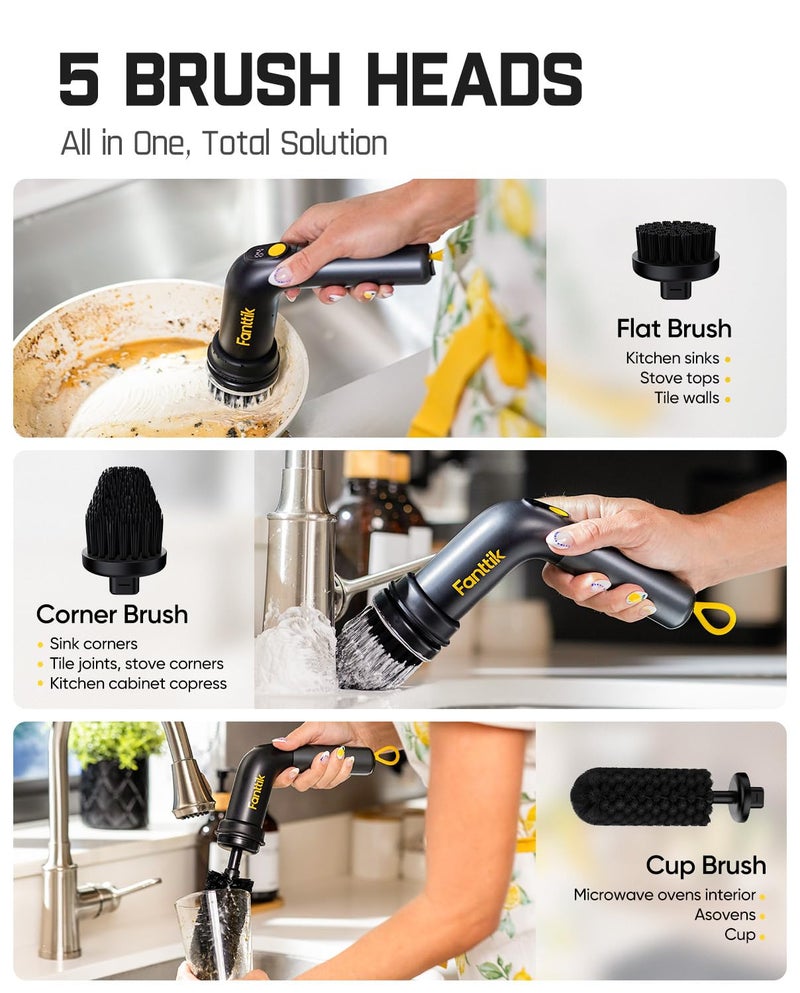 Fanttik G9 Handy Cordless Electric Spin Scrubber, MagnaStorm Motor, Dual-Speed, 5 Brush Heads, LED Display, IPX7 Waterproof, 2500mAh with Type-C Charging, for Kitchen, Sink, Tile, Stove - Image 3