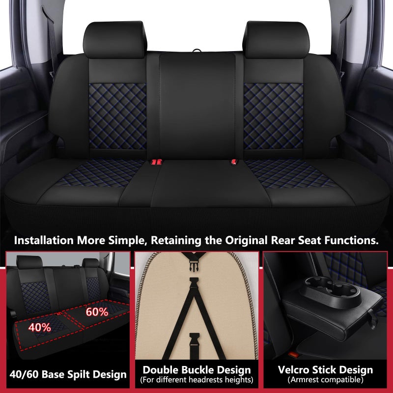 WENNFOUR Silverado Seat Covers 2007-2026 Full Set, Truck Interior Sets Custom Fit for Chevy Chevrolet Silverado GMC Sierra 1500/2500/3500HD Crew/Double/Extended Cab with Lumbar Support, Black Blue - Image 3