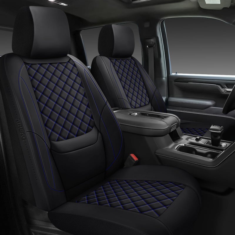 WENNFOUR Silverado Seat Covers 2007-2026 Full Set, Truck Interior Sets Custom Fit for Chevy Chevrolet Silverado GMC Sierra 1500/2500/3500HD Crew/Double/Extended Cab with Lumbar Support, Black Blue - Image 1