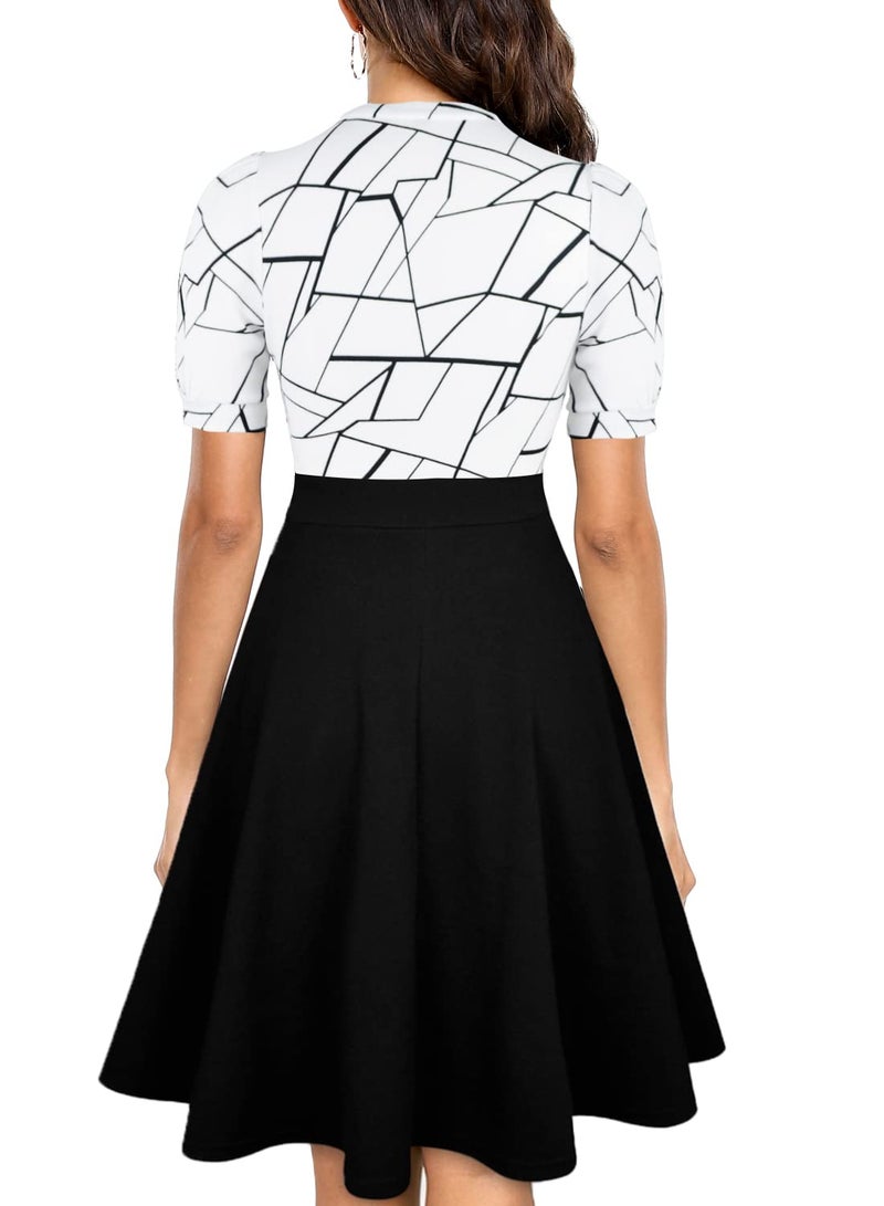 Mokayee Black and White Dress for Women Short Sleeve Vintage Kentucky Derby Semi Formal Color Block Fit and Flare 1960s Business Casual Professional Work Office Ladies Dresses with Pockets L - Image 2