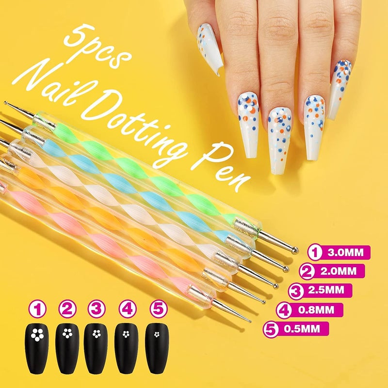 Aternal 5 Pcs DualEnded Nail Art Pen Nail Art Dotting Tools Acrylic Nail Art Pen 2 Ways Dotting Tools Nail Dot Paint Pens Dotting Tools for Painting Nail Design with 1 Nail Shiner - Image 2