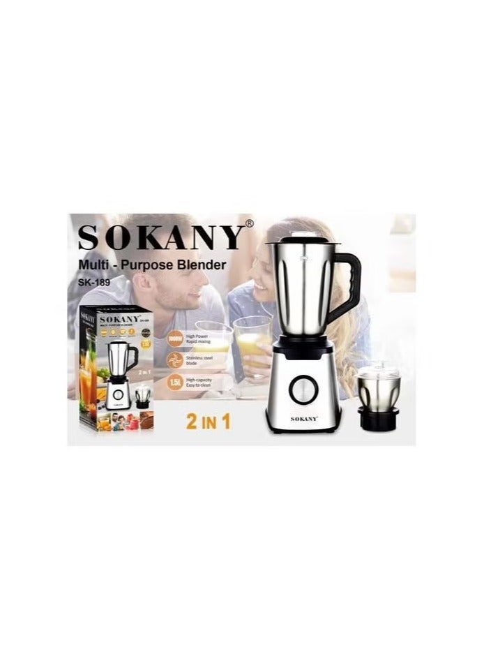 Sokany SK‑189 2-in-1 Blender with Grinder – 1000W – 1.5L – Stainless Steel – Silver & Black
