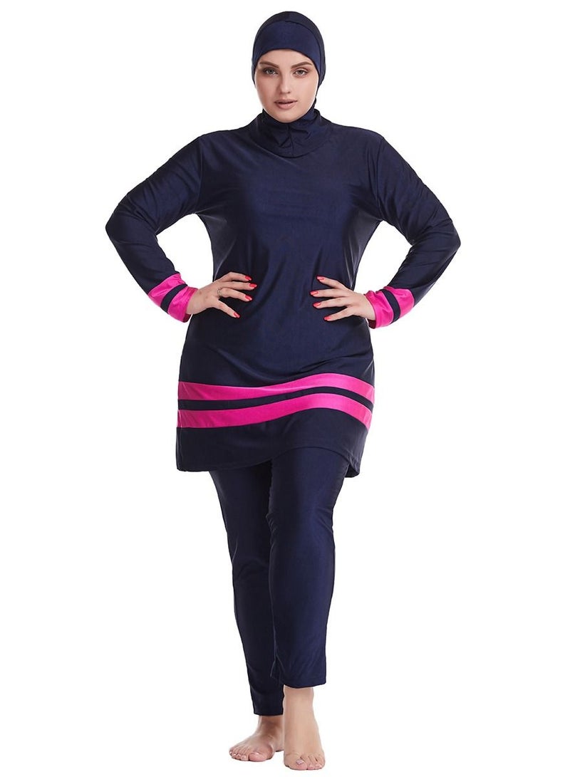 Loquat Big Size Highly Elastic Swimwear Set Womens Long Sleeve Burkini Set Navy Blue/Pink  - Image 1