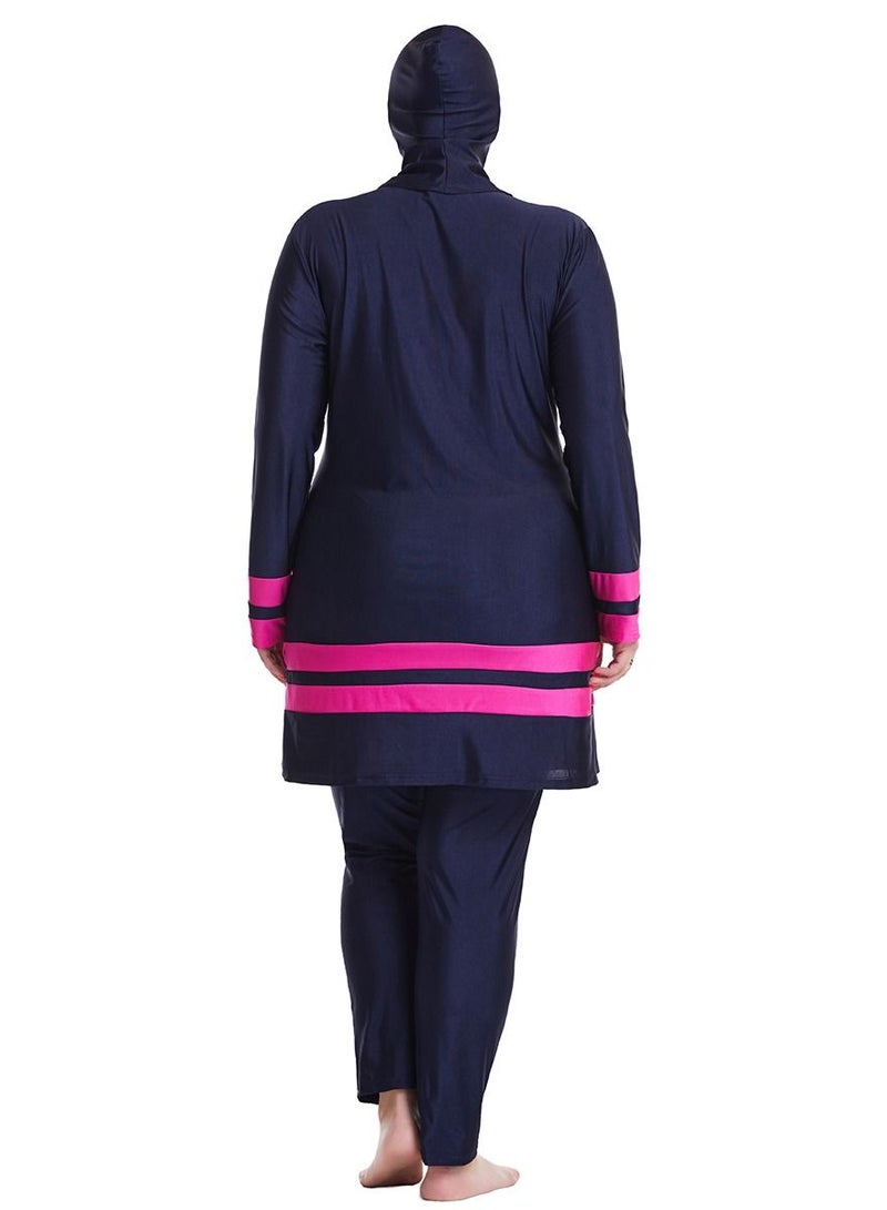 Loquat Big Size Highly Elastic Swimwear Set Womens Long Sleeve Burkini Set Navy Blue/Pink  - Image 2