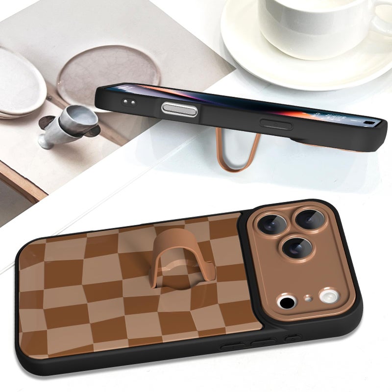 SOKAD for iPhone 17 Pro Max Case with Finger Strap Kickstand, Cute Checkered Checkerboard Phone Case with Finger Hand for Women Men, Slim Full Camera Protection Shockproof Cover, Brown - Image 5