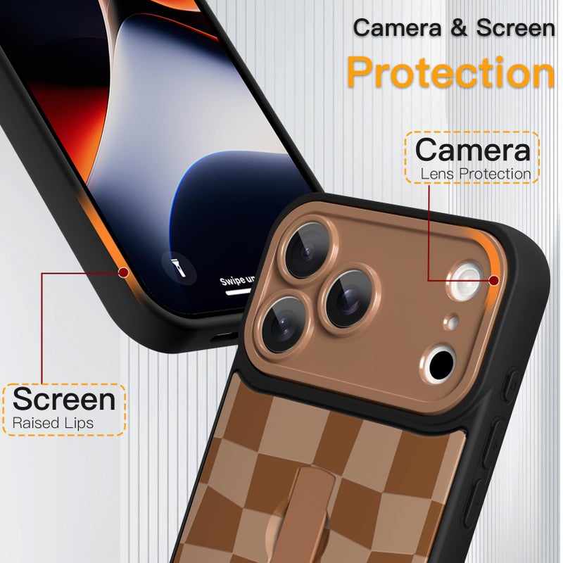 SOKAD for iPhone 17 Pro Max Case with Finger Strap Kickstand, Cute Checkered Checkerboard Phone Case with Finger Hand for Women Men, Slim Full Camera Protection Shockproof Cover, Brown - Image 3