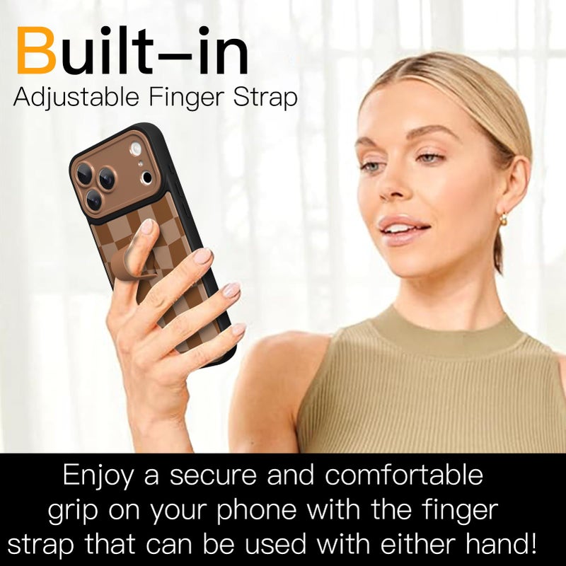 SOKAD for iPhone 17 Pro Max Case with Finger Strap Kickstand, Cute Checkered Checkerboard Phone Case with Finger Hand for Women Men, Slim Full Camera Protection Shockproof Cover, Brown - Image 2
