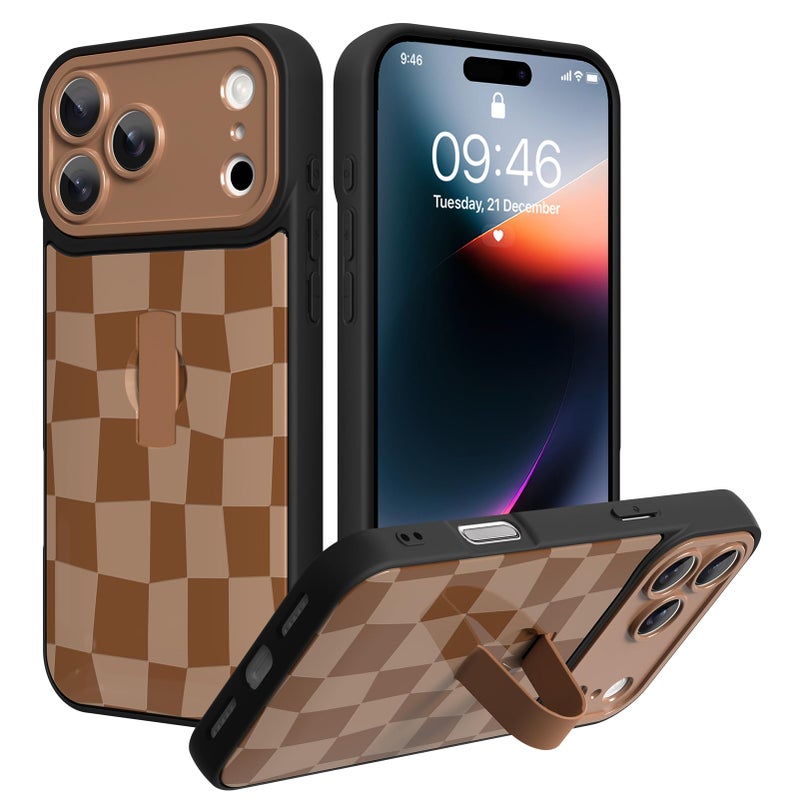 SOKAD for iPhone 17 Pro Max Case with Finger Strap Kickstand, Cute Checkered Checkerboard Phone Case with Finger Hand for Women Men, Slim Full Camera Protection Shockproof Cover, Brown - Image 1