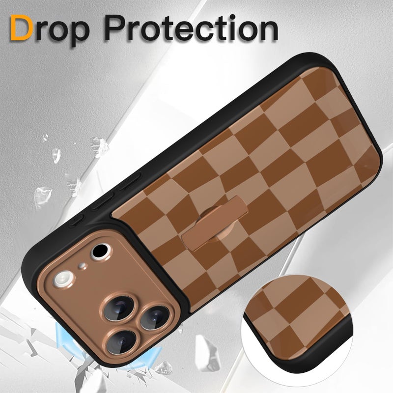 SOKAD for iPhone 17 Pro Max Case with Finger Strap Kickstand, Cute Checkered Checkerboard Phone Case with Finger Hand for Women Men, Slim Full Camera Protection Shockproof Cover, Brown - Image 4