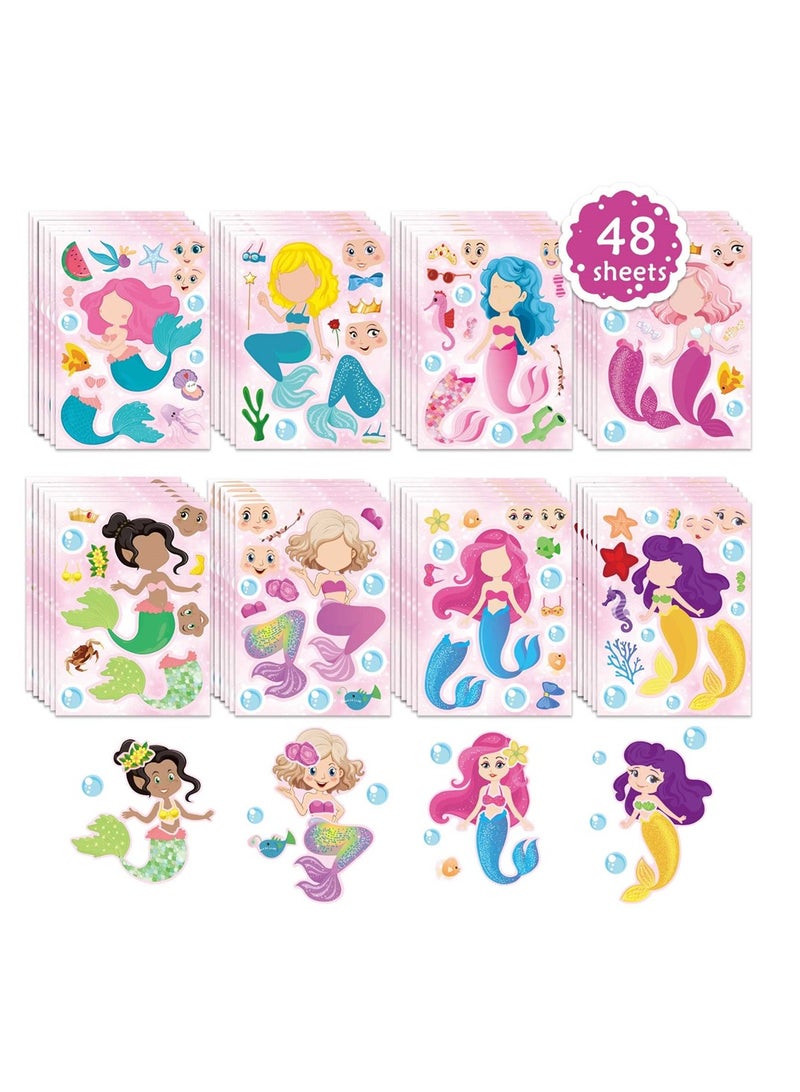 Excefore 48 Sheets Mermaid Stickers, 8 Style Mermaid Stickers for Kids Favors Birthday Party Decorate, Face Stickers for Classroom Rewards, Mermaid Themed Art Craft Supplies  - Image 1