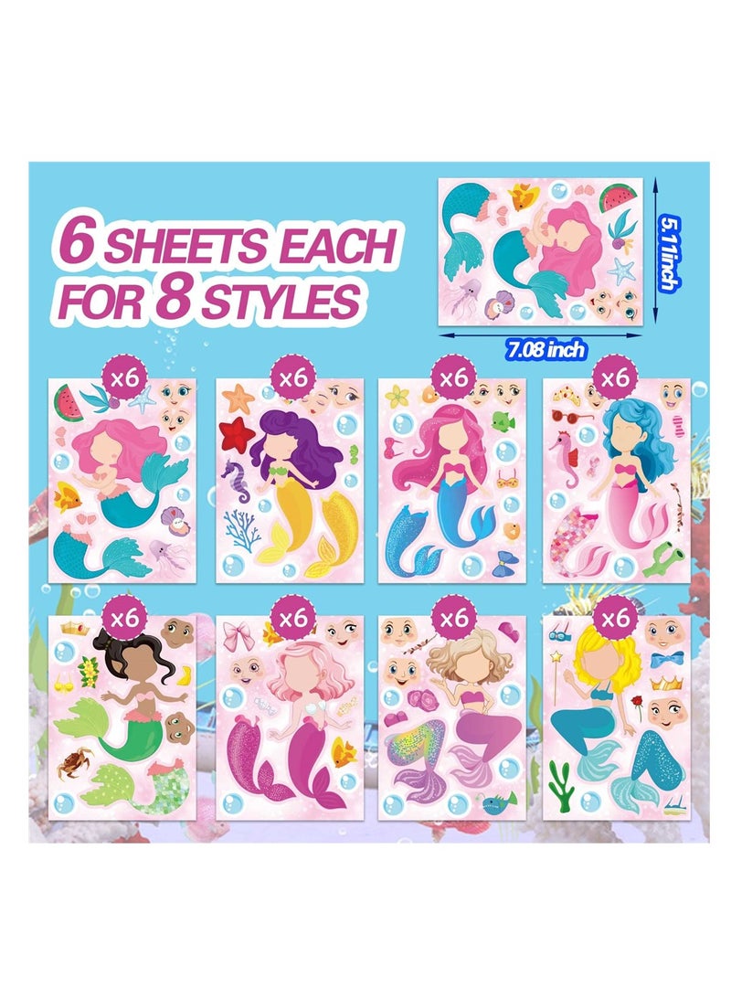 Excefore 48 Sheets Mermaid Stickers, 8 Style Mermaid Stickers for Kids Favors Birthday Party Decorate, Face Stickers for Classroom Rewards, Mermaid Themed Art Craft Supplies  - Image 2