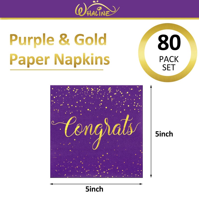 Whaline 80Pcs Congratulations Paper Napkins Gold Foil Congrats Cocktail Napkins Purple Graduation Party Disposable Beverage Napkins for Engagement Graduation Baby Shower Celebration Party - Image 1