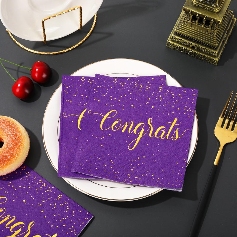 Whaline 80Pcs Congratulations Paper Napkins Gold Foil Congrats Cocktail Napkins Purple Graduation Party Disposable Beverage Napkins for Engagement Graduation Baby Shower Celebration Party - Image 4